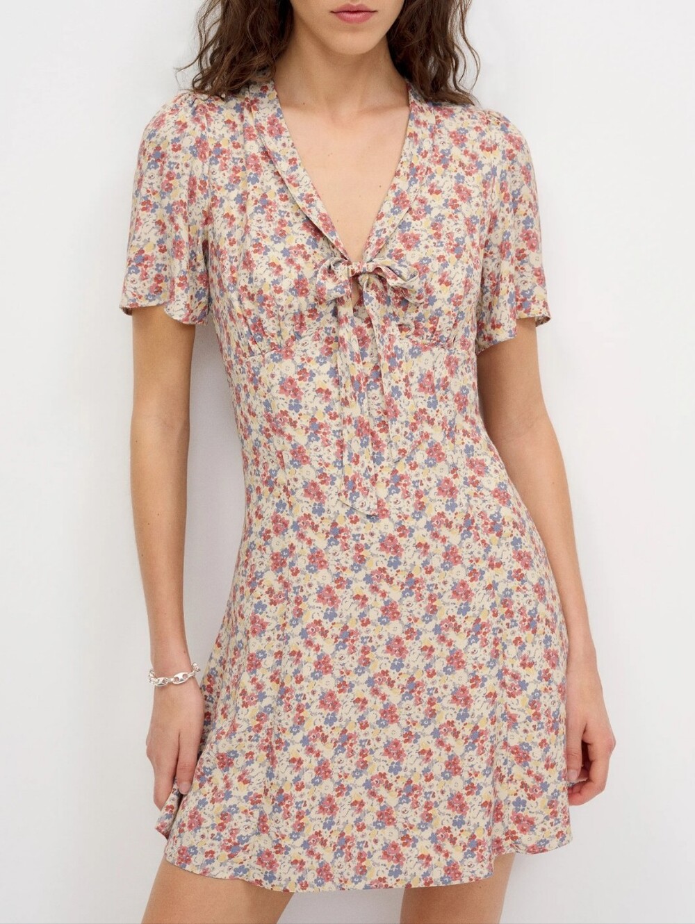 Reformation Tyra Floral Tie-Front V-Neck Mini Dress Cream Pink & Blue Eveline